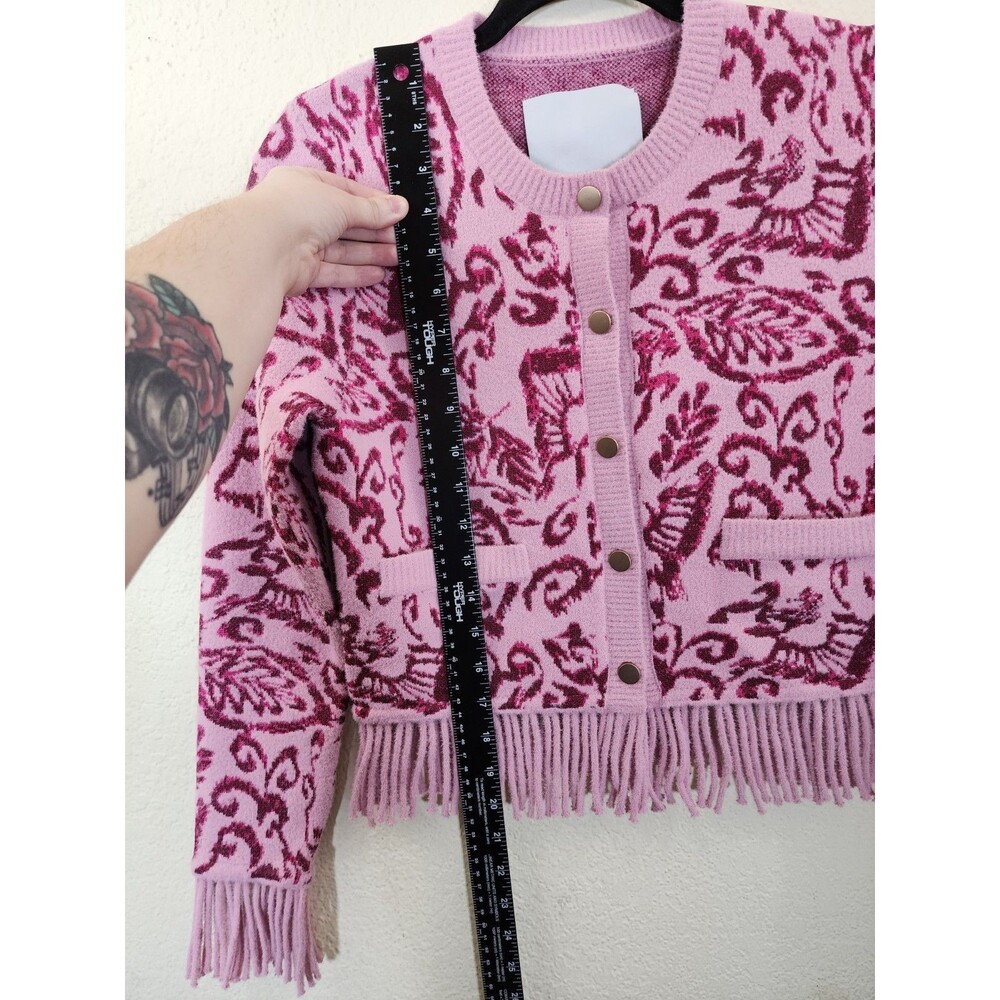 Anthropologie NVLT Womens XS Pink Damask Fringe Knit Button Cardigan Sweater - Picture 3 of 7